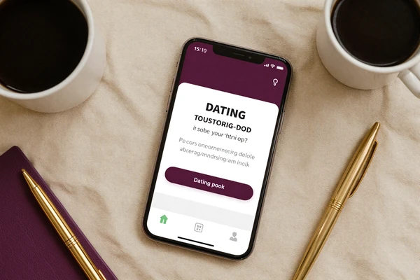 Smartphone showing a dating app interface beside coffee and a notebook